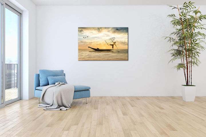 deyoli verspielter Fischer auf seinem Boot Format: 80x60 als Leinwandbild, Motiv fertig gerahmt auf