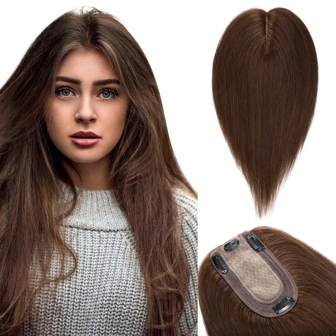 TESS Hair Topper Echthaar Braun, 10x12cm Basis Toupet Damen #4 Braun Haartopper Echthaar 35g 25 cm H