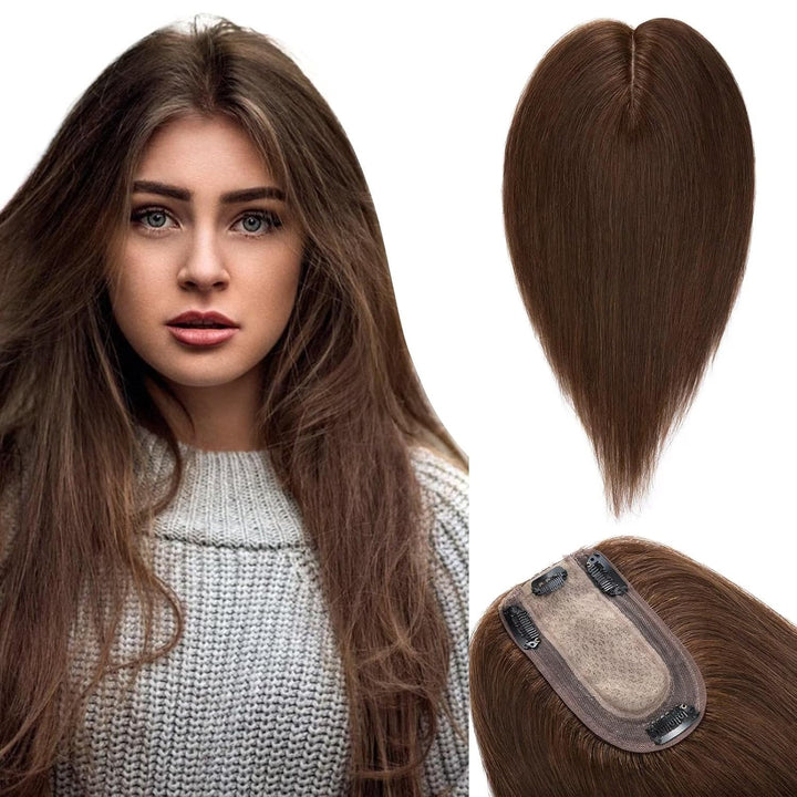 TESS Hair Topper Echthaar Braun, 10x12cm Basis Toupet Damen #4 Braun Haartopper Echthaar 35g 25 cm H