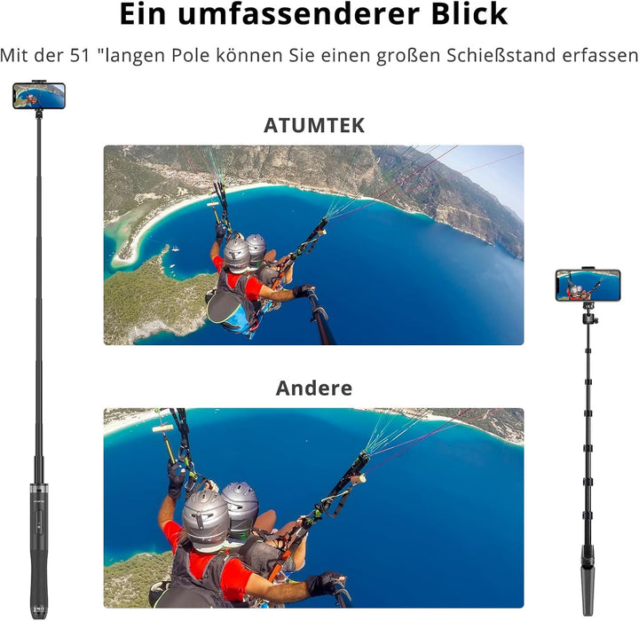 ATUMTEK 130CM Selfie Stick Stativ, Bluetooth Selfie Stick mit Hochbelastbarem Aluminium und Rutschfe