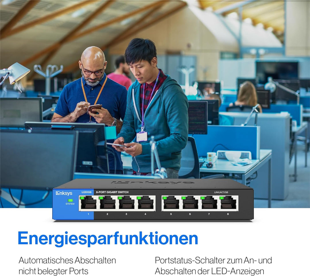 Linksys LGS108-EU 8-Port Unmanaged Gigabit-Netzwerk-Switch – Ethernet-Switch/Hub mit Metallgehäuse,