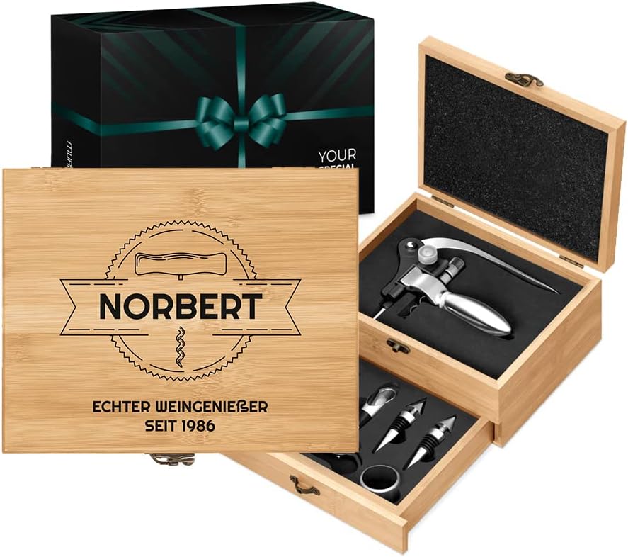 Maverton Weinöffner-Set personalisiert Weinset Sommelier Set - Geschenkbox Holzbox + 8er Weinzubehör