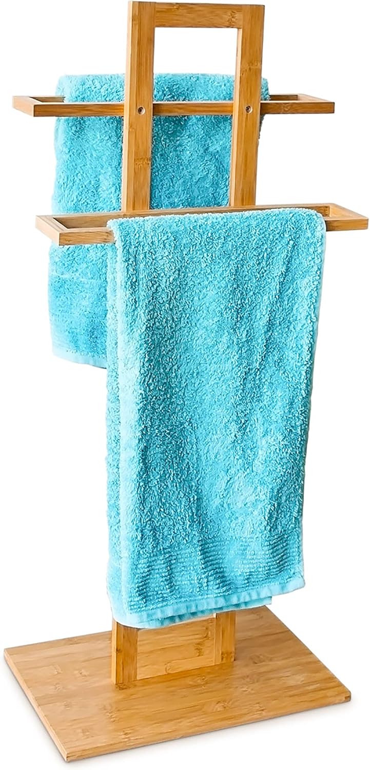 Relaxdays Handtuchständer Bambus mit 2 Handtuchstangen HBT 85 x 37 x 25 cm frei stehender Handtuchha