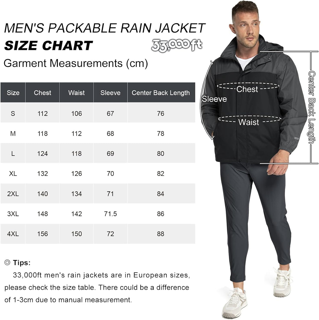 33,000ft Regenjacke Herren Leicht Wasserdicht Faltbare Regenmantel mit Kapuze Fahrrad Rain Windbreak