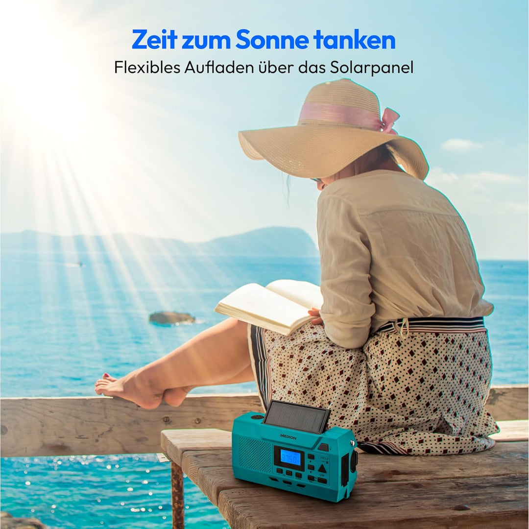 MEDION E66806 Kurbelradio (Solar, Dynamo Handkurbel, Baustellenradio, UKW Radio, Taschenlampe, SOS N