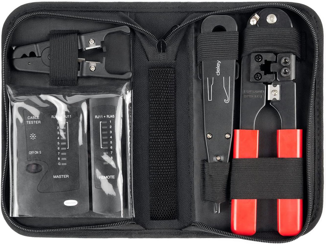 deleyCON Netzwerk Werkzeug Set 4-teilig mit Tasche LSA Auflegewerkzeug Abisolierzange Kabeltester Cr