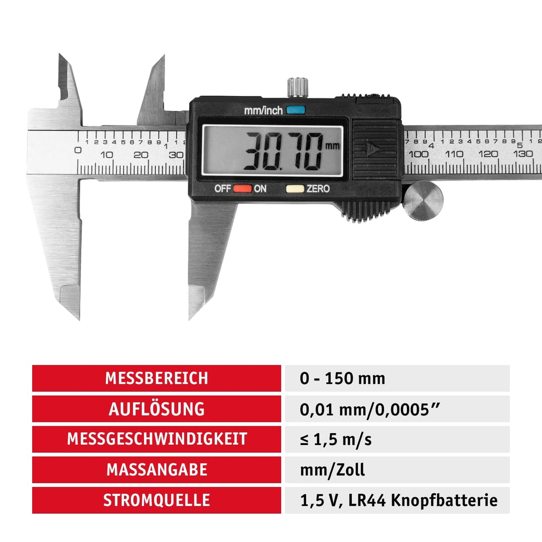 WALTER Digitale Schieblehre, Messschieber, 150 mm mit LCD-Display, Aussen-, Innen- und Tiefmass, in