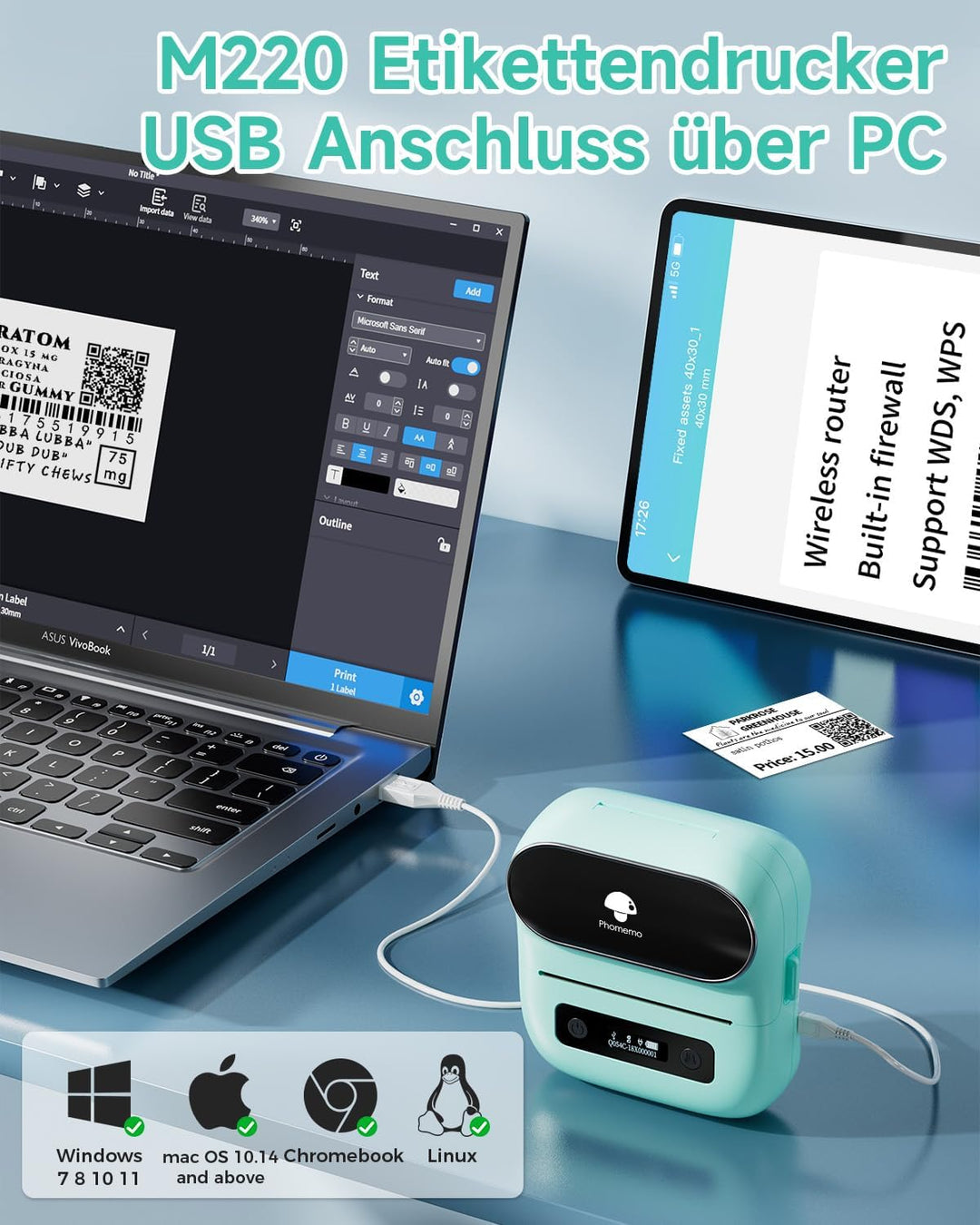 Phomemo M220 Etikettendrucker, Bluetooth Barcode Etikettendrucker Grösse 20-75mm, Unterstützung mit