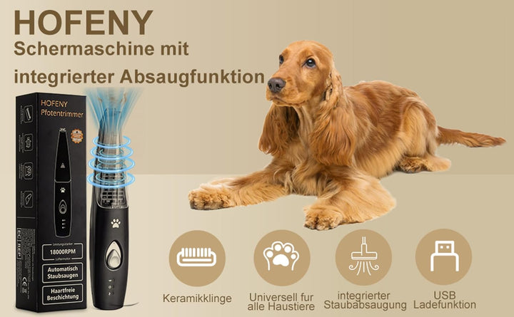 Hofeny Hundeschermaschine mit Staubsauger, Katzenkrallen-Trimmer, leise Pfotenschermaschine, Haustie