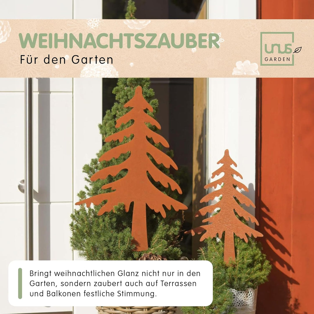 UNUS Gartenstecker Weihnachten Tannenbaum, 2er Set, Metallstecker Garten Rost, Gartendeko Rostoptik,
