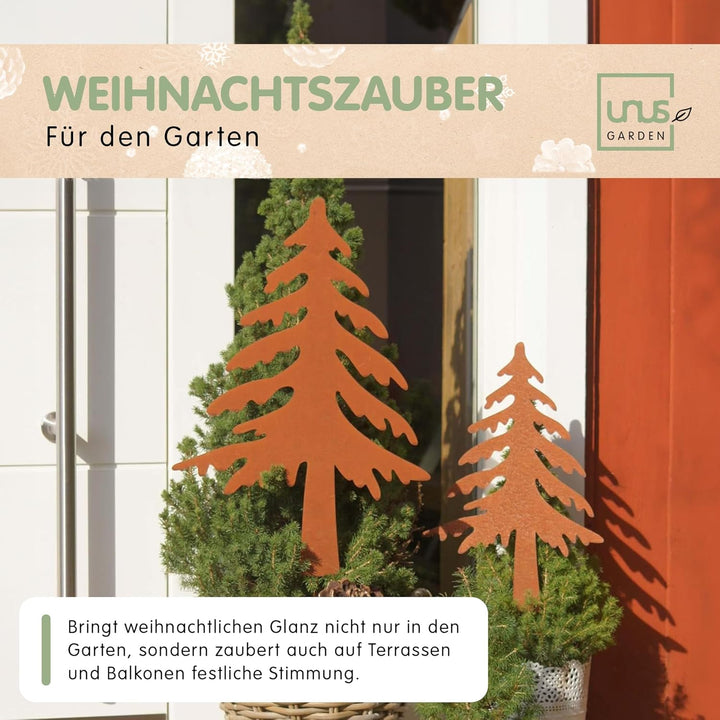 UNUS Gartenstecker Weihnachten Tannenbaum, 2er Set, Metallstecker Garten Rost, Gartendeko Rostoptik,