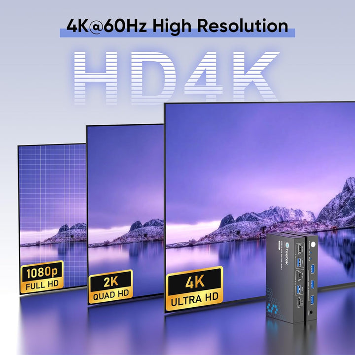 HDMI KVM Switch 2 PC 1 Monitor, 4K@60Hz | KVM Switch zum Teilen von Tastatur/Maus/Drucker über USB 3