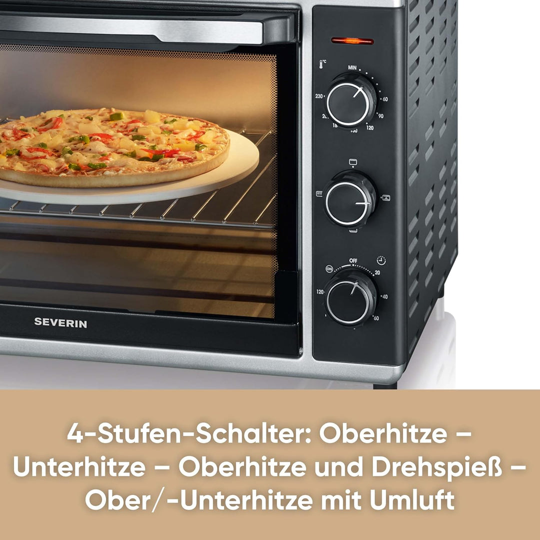 SEVERIN Back- und Toastofen mit Umluftfunktion, Mini Backofen mit Grillrost, Backblech, Drehspiess u