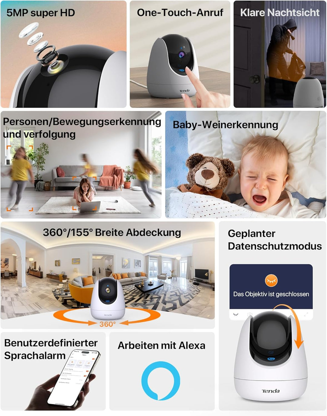 Tenda Überwachungskamera Innen CP3 V2.2, 360 Grad WLAN IP Kamera, 2-Wege-Audio, 1080P, Nachtsicht, T