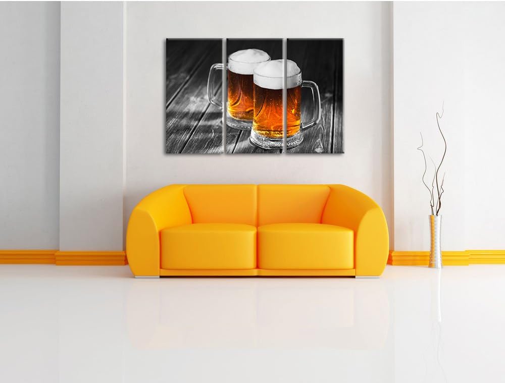 Pixxprint Zwei Masskrüge Bier als Leinwandbild | Grösse: 3 Teilig (120x80) | Wandbild| Kunstdruck |