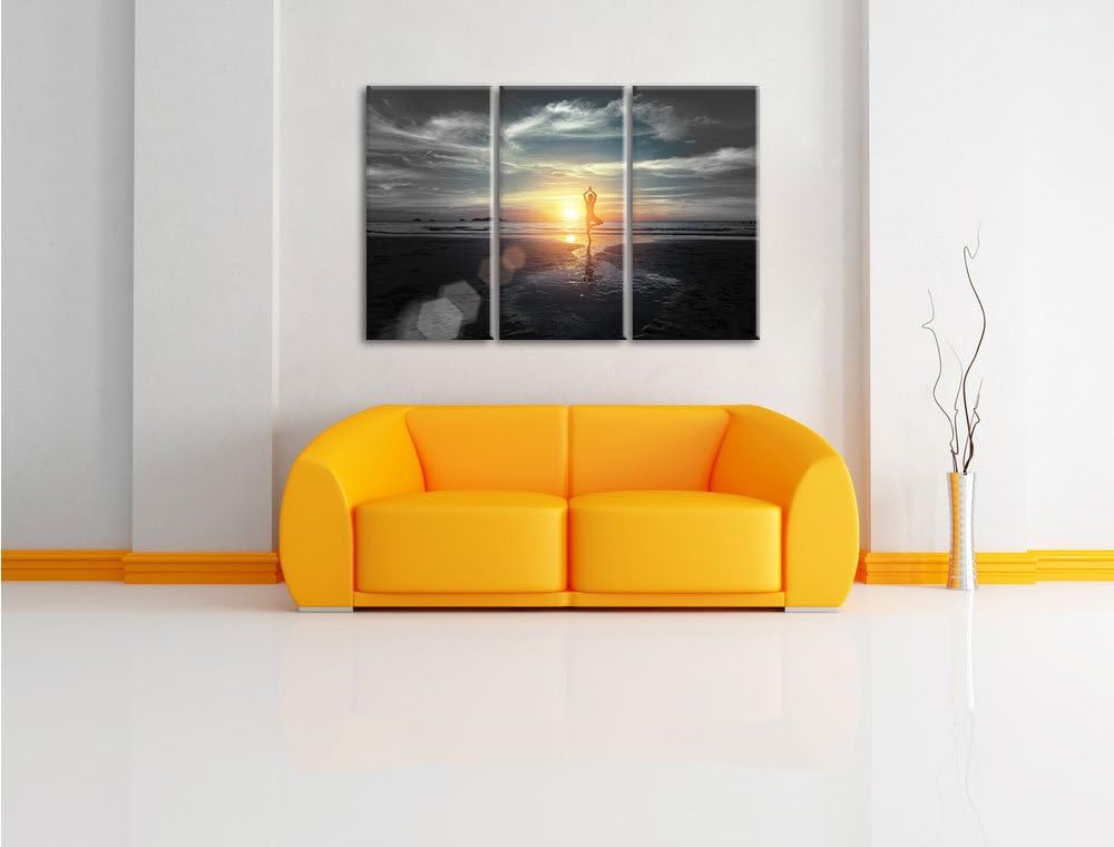 Pixxprint Yoga Silhouette bei Sonnenuntergang am Strand B&W Detail 3-Teiler Leinwandbild 120x80 Bild