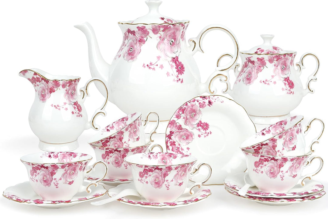 fanquare 21 Stück Rotes Lotus Porzellan Teeservice, Elegantes Blumen Kaffee Tasse und Untertasse Set