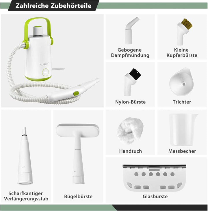 COSTWAY Dampfreiniger Handgerät | 1000W & 300 ml Wasserkapazität & 10 Zubehörsätze | Steamshot Steam