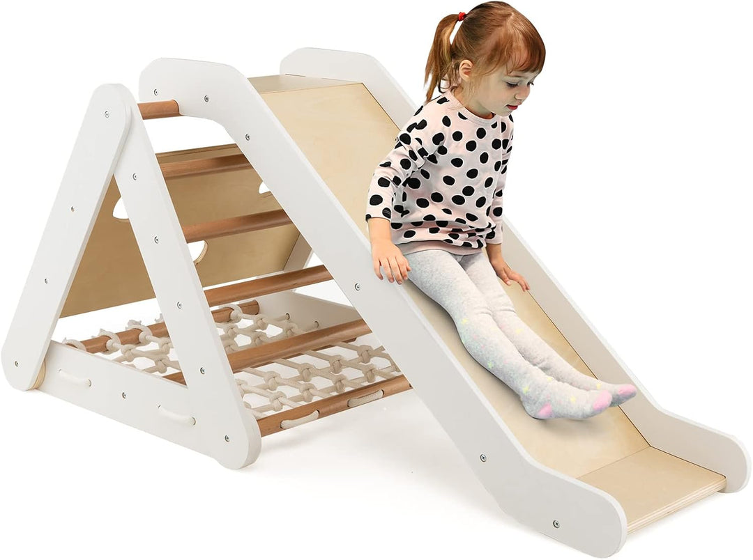 COSTWAY 4 in 1 Kletterdreieck mit Rutsche, Klettergerüst aus Holz, Sprossendreieck zum Rutschen und