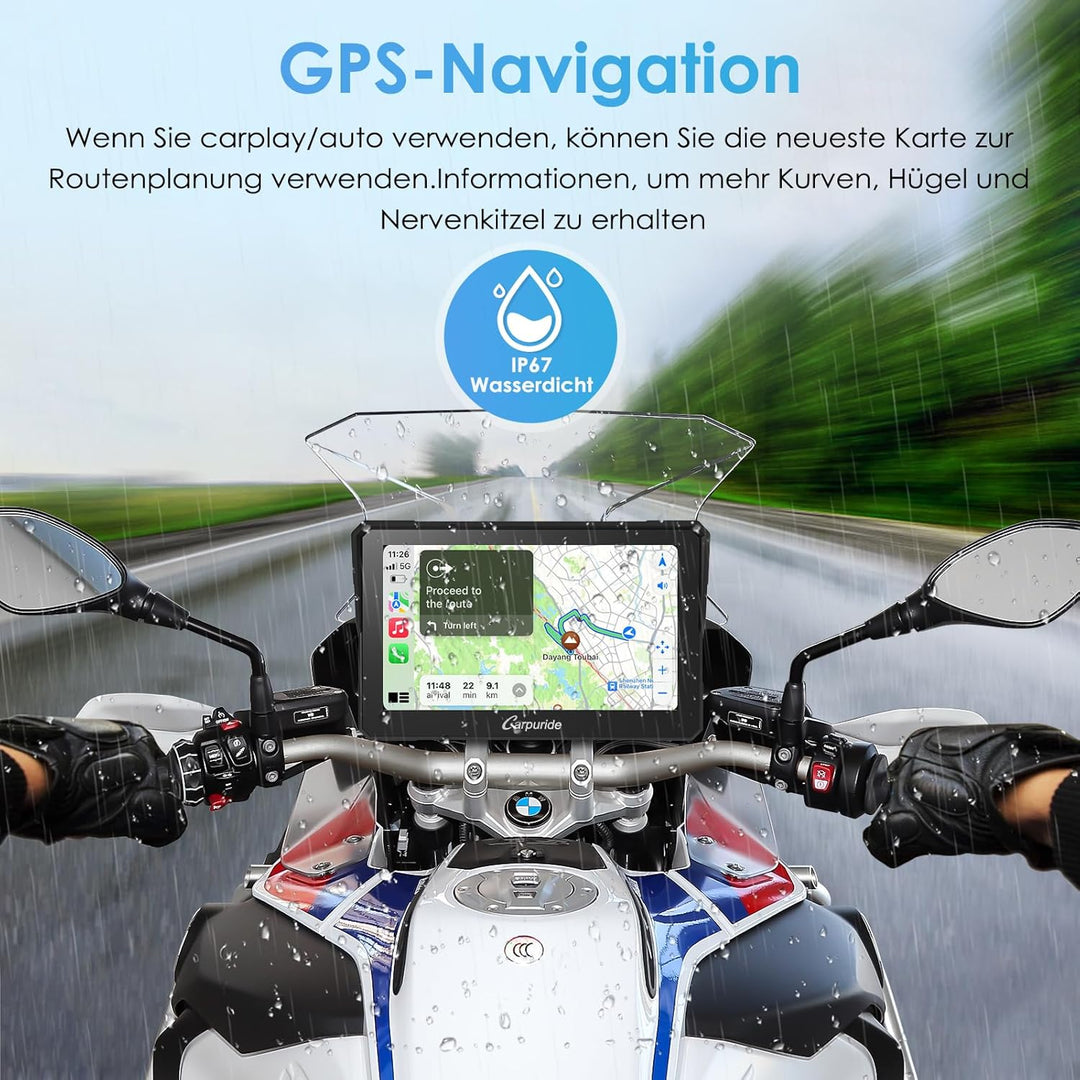 Carpuride W702B Motorrad GPS Carplay Bildschirm mit Design Halterung für BMW Motorräder, Kabelloses