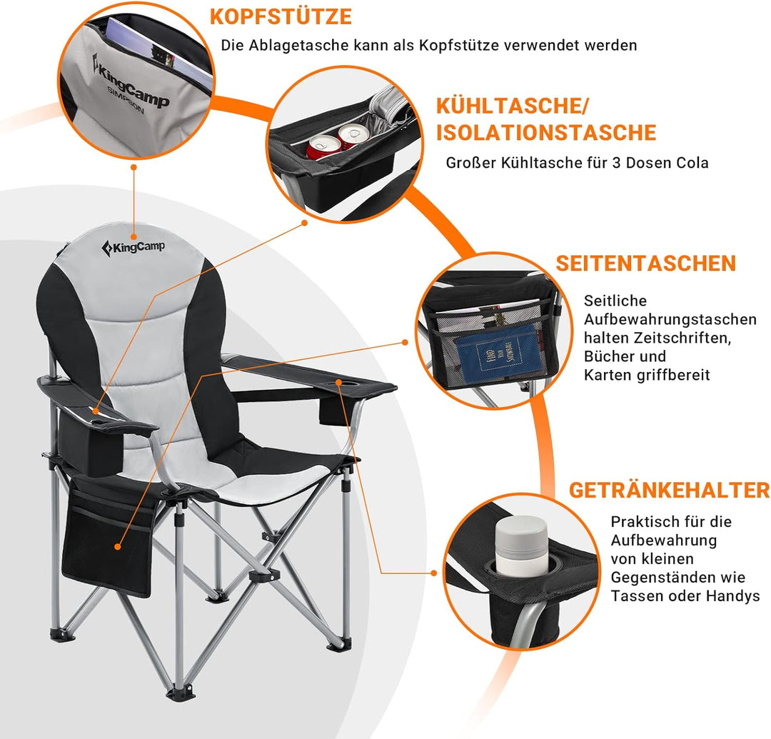 KingCamp Campingstuhl mit Verstellbarer Rückenlehne und Kühltasche bis 160 kg belastbar 2 Pack Schwa