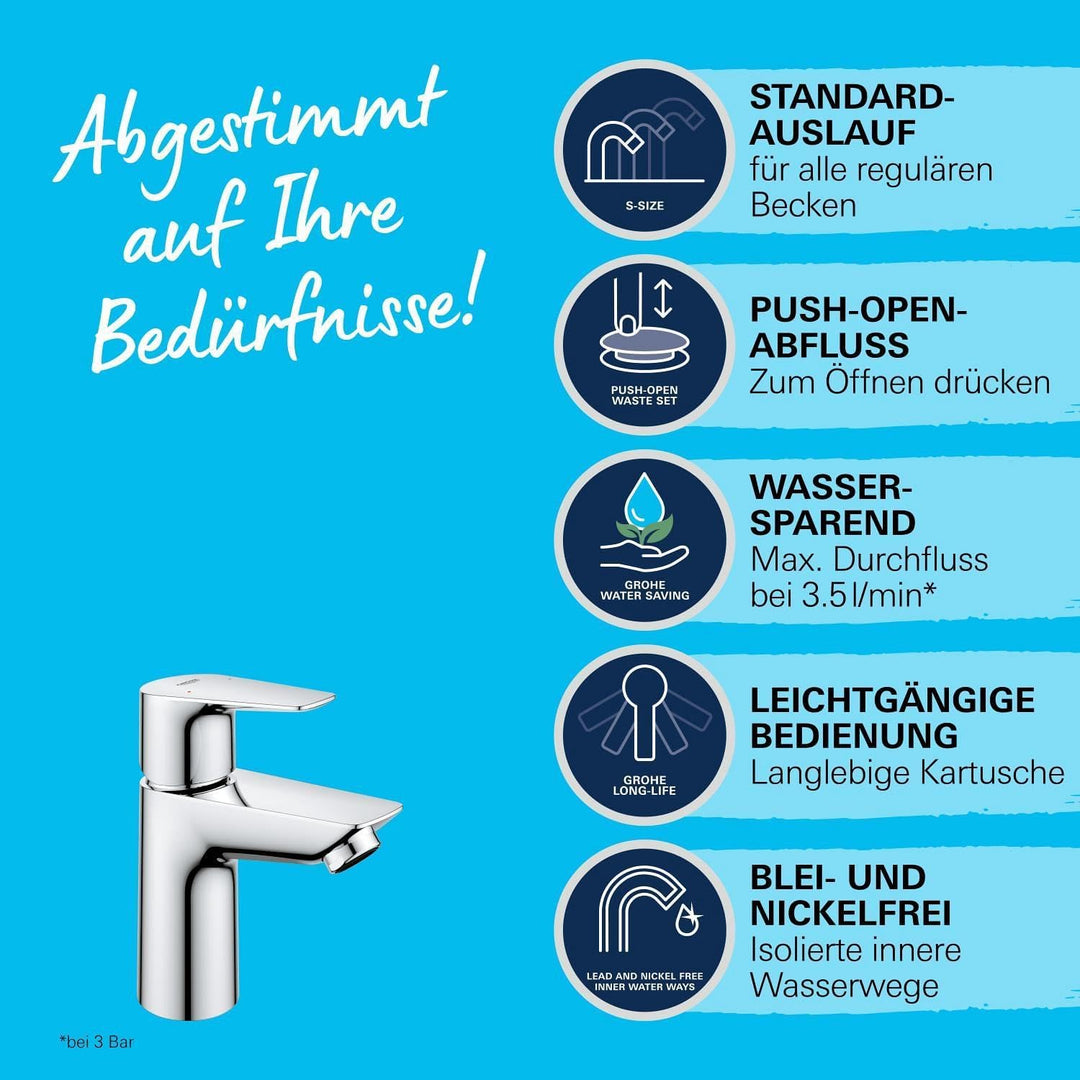 GROHE StartEdge - Einhand-Waschtischarmatur (wassersparend, langlebige Oberfläche, S Size), chrom, 2