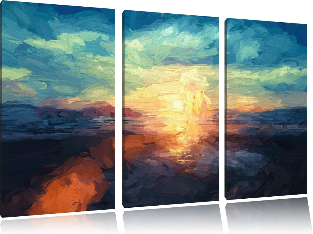 Pixxprint Yoga Silhouette am Strand als Leinwandbild/Grösse: 3 Teilig (120x80) / Wandbild/Kunstdruck