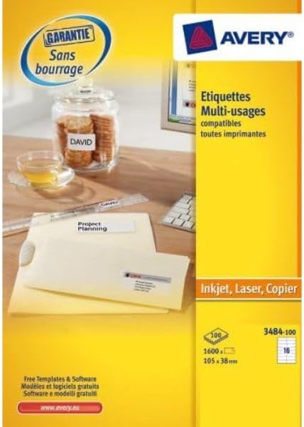 Avery Mehrzweck-Etiketten für Laser-/Tintenstrahldrucker und Kopierer 105 x 37 mm 1600 Stück, weiss