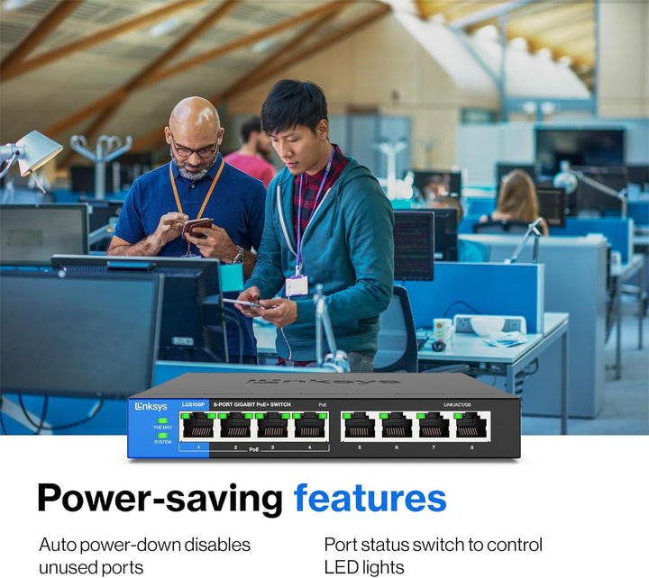 Linksys LGS108P-EU 8-Port Unmanaged Gigabit-Netzwerk-PoE-Switch mit 4 PoE+-Ports, Ethernet-Switch –