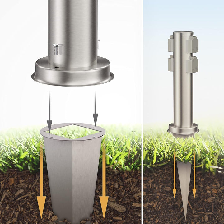 ledscom.de Gartensteckdose PORU mit Erdspiess, Outdoor, 4-Fach, Edelstahl, rund, 38cm, 2 STK. 2 Stüc