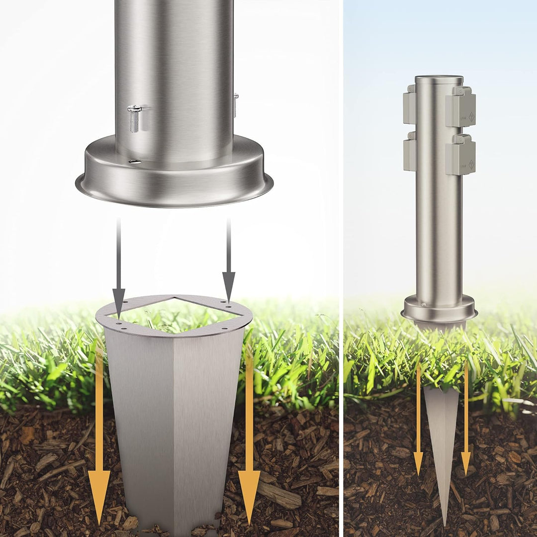 ledscom.de Garten-Steckdosen-Säule PORU mit Erdspiess und 2m Kabel für aussen, 4-Fach, Edelstahl, ru
