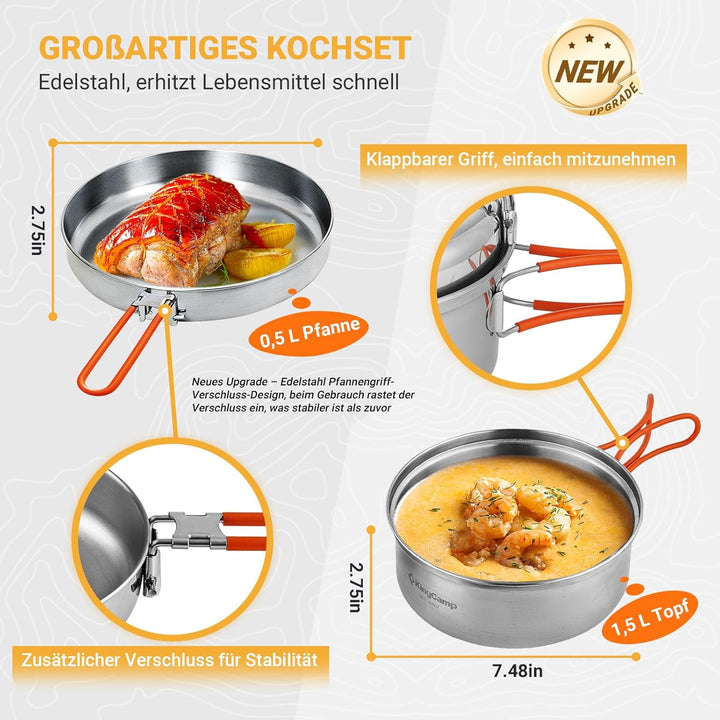 KingCamp Camping Geschirr Set 2-4 Personen I Camping Kochgeschirr aus Edelstahl I Camping Töpfe mit