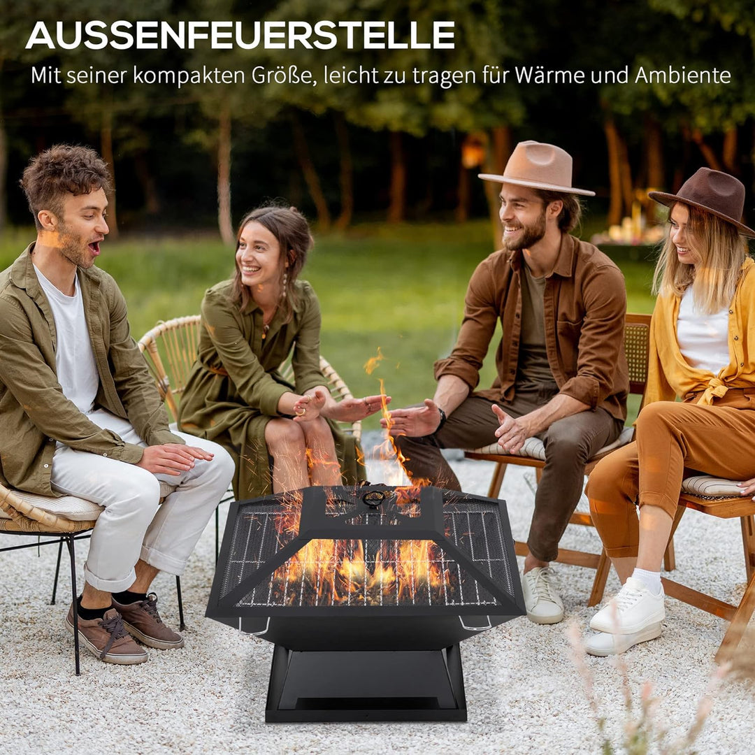 Outsunny Feuerschale mit Funkenschutz Grillrost Schürhaken Feuerkorb Feuerstelle für Garten Camping
