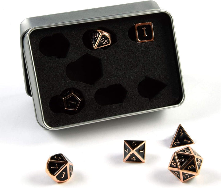 shibby 7 polyedrische Metall-Würfel für Rollen- und Tabletopspiele in Steampunk Kupfer-Schwarz-Optik