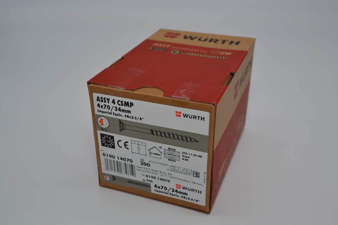 Würth Assy 4 CSMP Spanplattenschraube 4x70mm, 200 Stk/Pack, Stahl verzinkt, Teilgewinde, Senkkopf RW