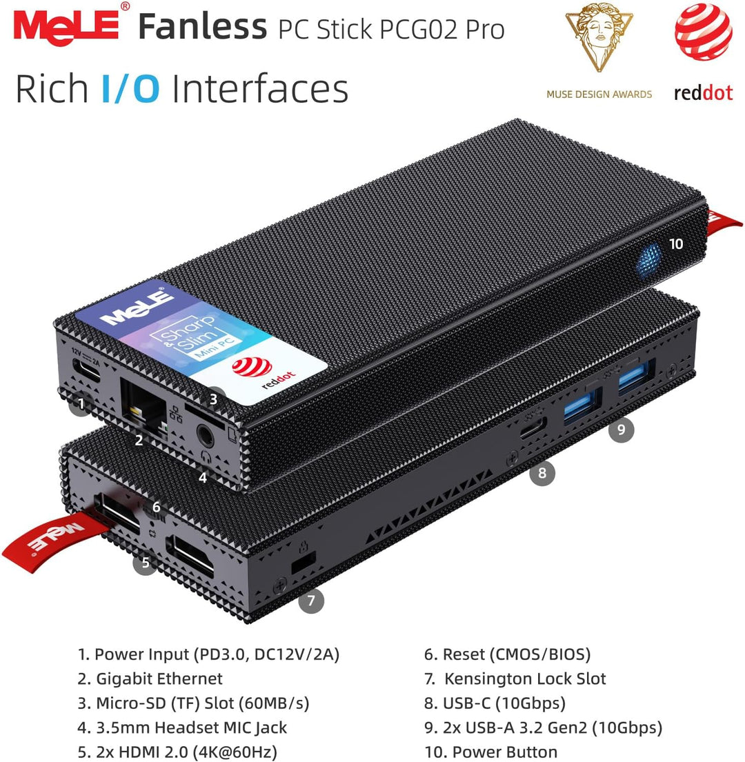 MeLE PCG02 Pro Lüfterloser Mini-PC Stick, Reddot Gewinner 2024, N100 8GB 128GB, Dual HDMI2.0, 4k 60H