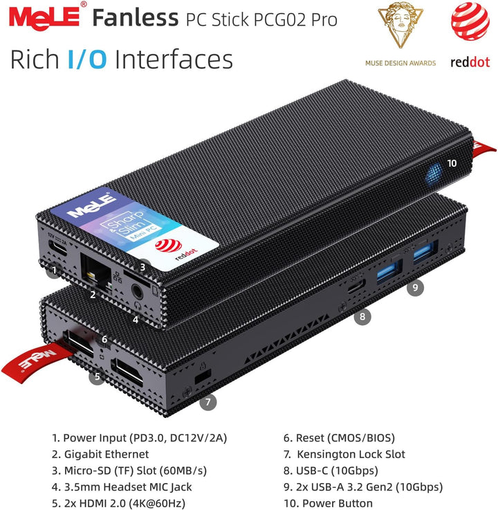 MeLE PCG02 Pro Lüfterloser Mini-PC Stick, Reddot Gewinner 2024, N100 8GB 128GB, Dual HDMI2.0, 4k 60H