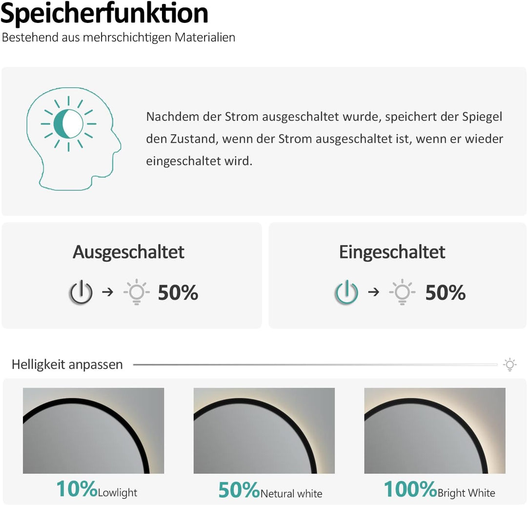 EMKE LED Badspiegel Rund Spiegel mit Beleuchtung ф70cm Badspiegel Schwarzer Rand Badezimmerspiegel m