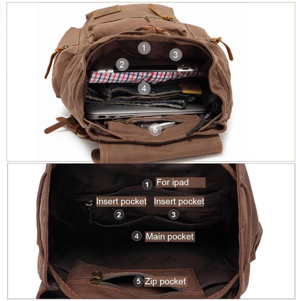 AUGUR Retro Segeltuch Rucksack, Canvas Vintage Rucksack Laptop Daypack Schulrucksack Reisetasche Led