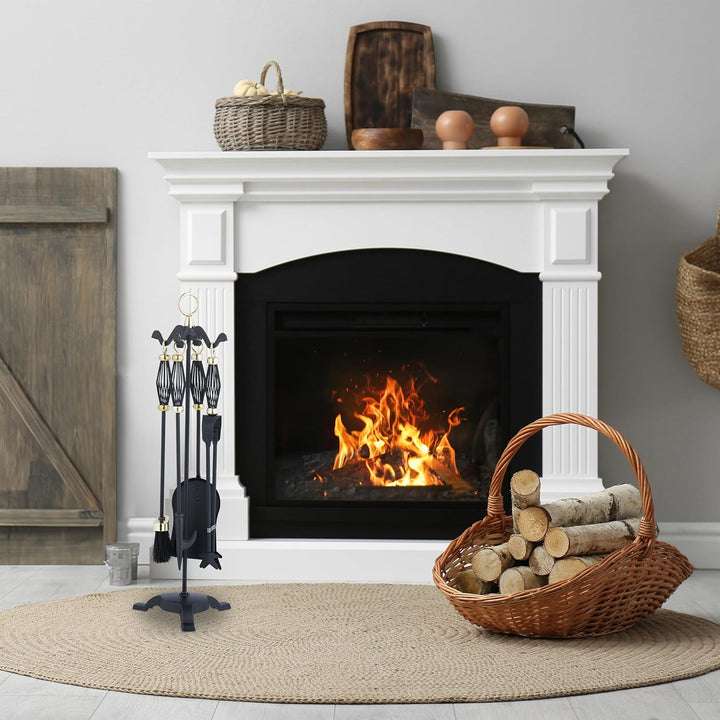 Relaxdays Kaminbesteck 5tlg. Set, Schürhaken, Ascheschaufel, Besen, Zange & Ständer, Eisen, Kamingar