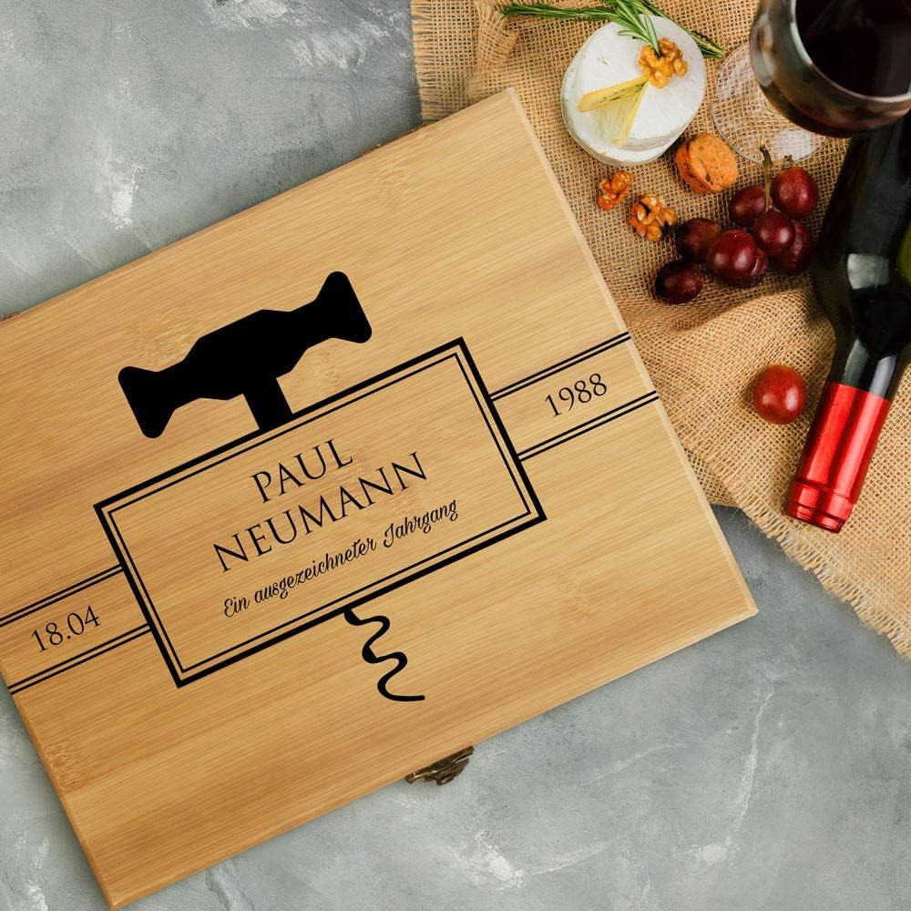 Maverton Weinöffner-Set personalisiert Weinset Sommelier Set - Geschenkbox Holzbox + 6er Weinzubehör