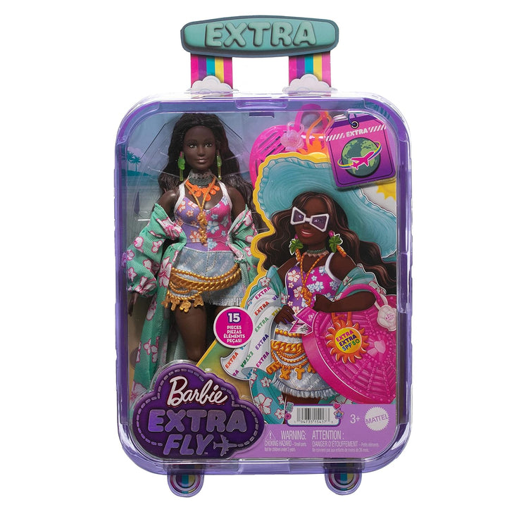 BARBIE Extra Fly - Reisepuppe mit Strandmode und Zubehör, beweglicher Körper, tropischer Badeanzug,