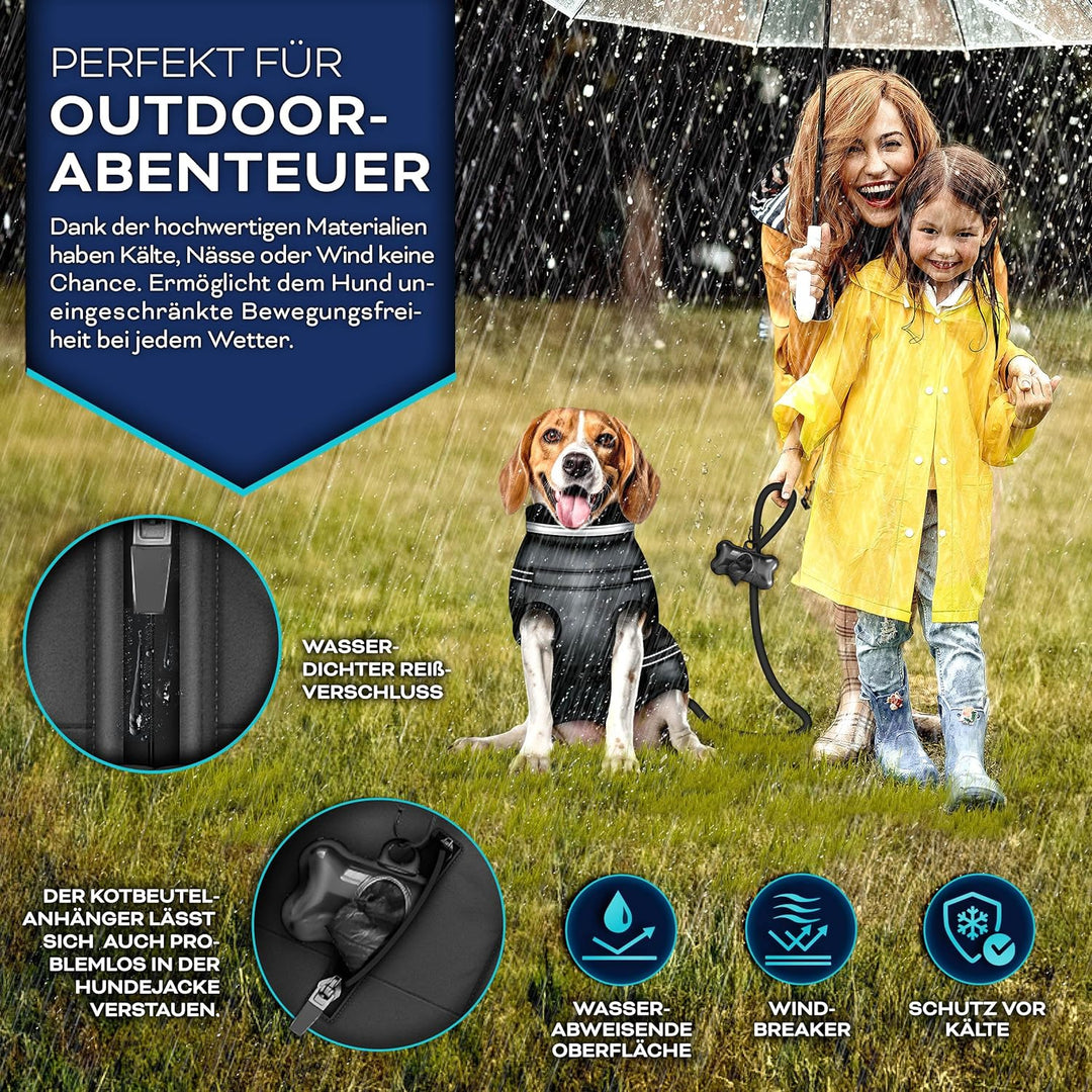 TRESKOยฎ Hundejacke Winter mit Reflektoren inkl. 15 Stรผck Kotbeutel + Spender | Hunderegenmantel wass