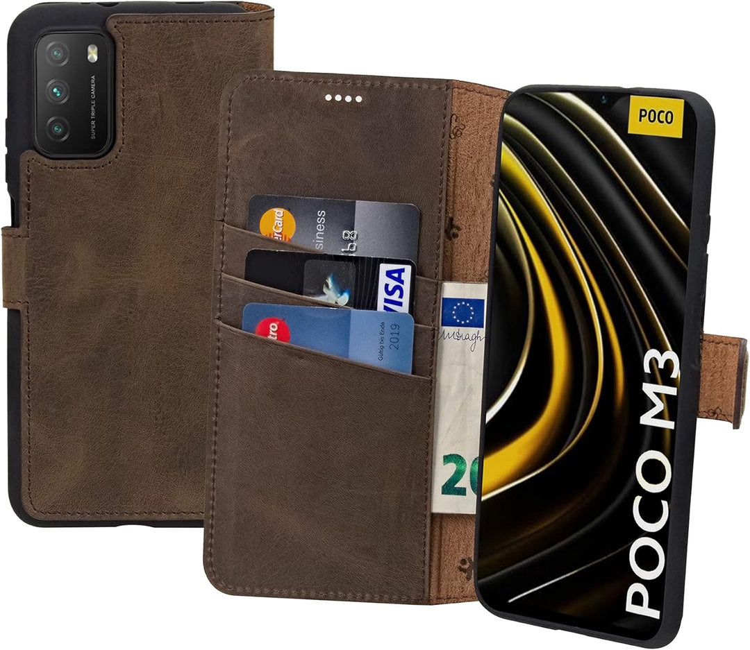 Suncase Book-Style Hülle kompatibel mit Xiaomi Poco M3 Leder Tasche (Slim-Fit) Lederhülle Handytasch