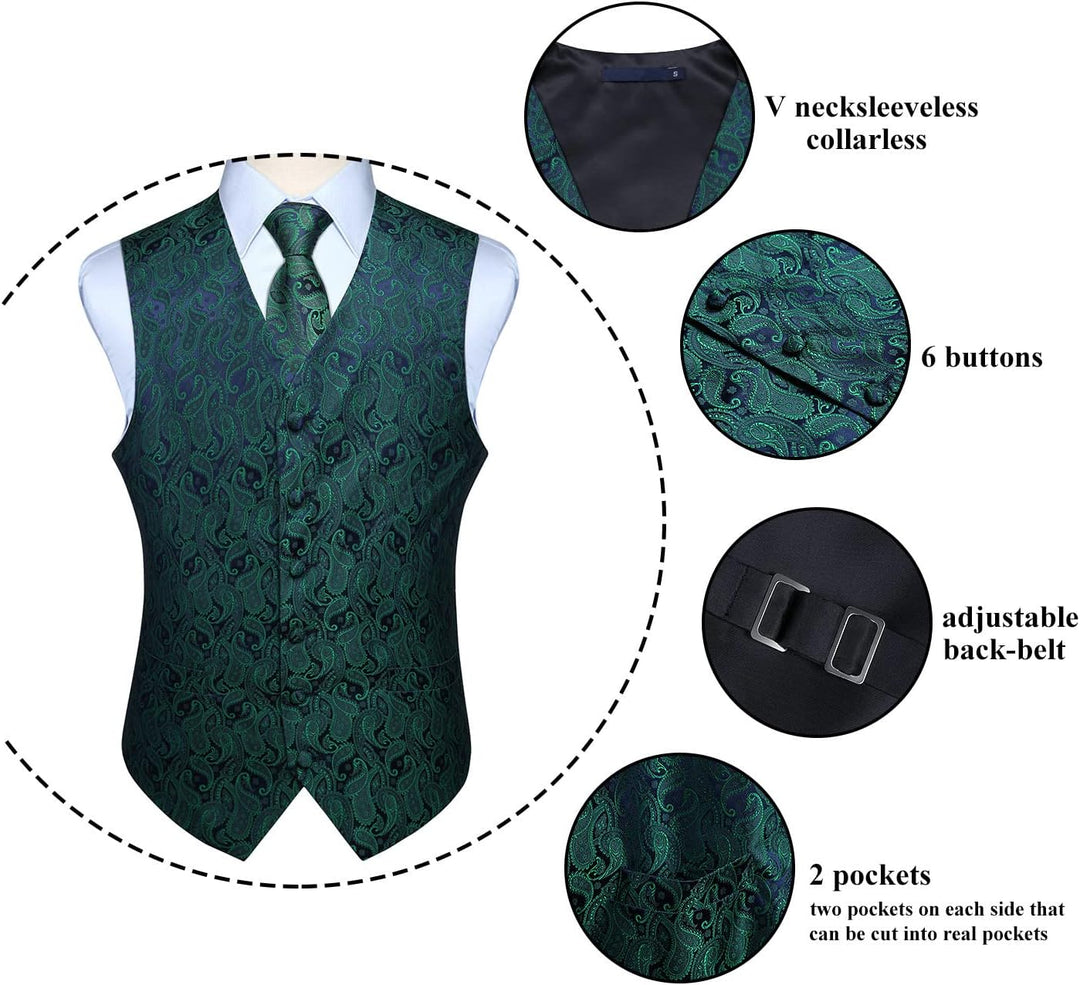 Enlision Herren Paisley Floral Jacquard Weste & Krawatte und Pocket Square Weste Anzug Set XL Grun,
