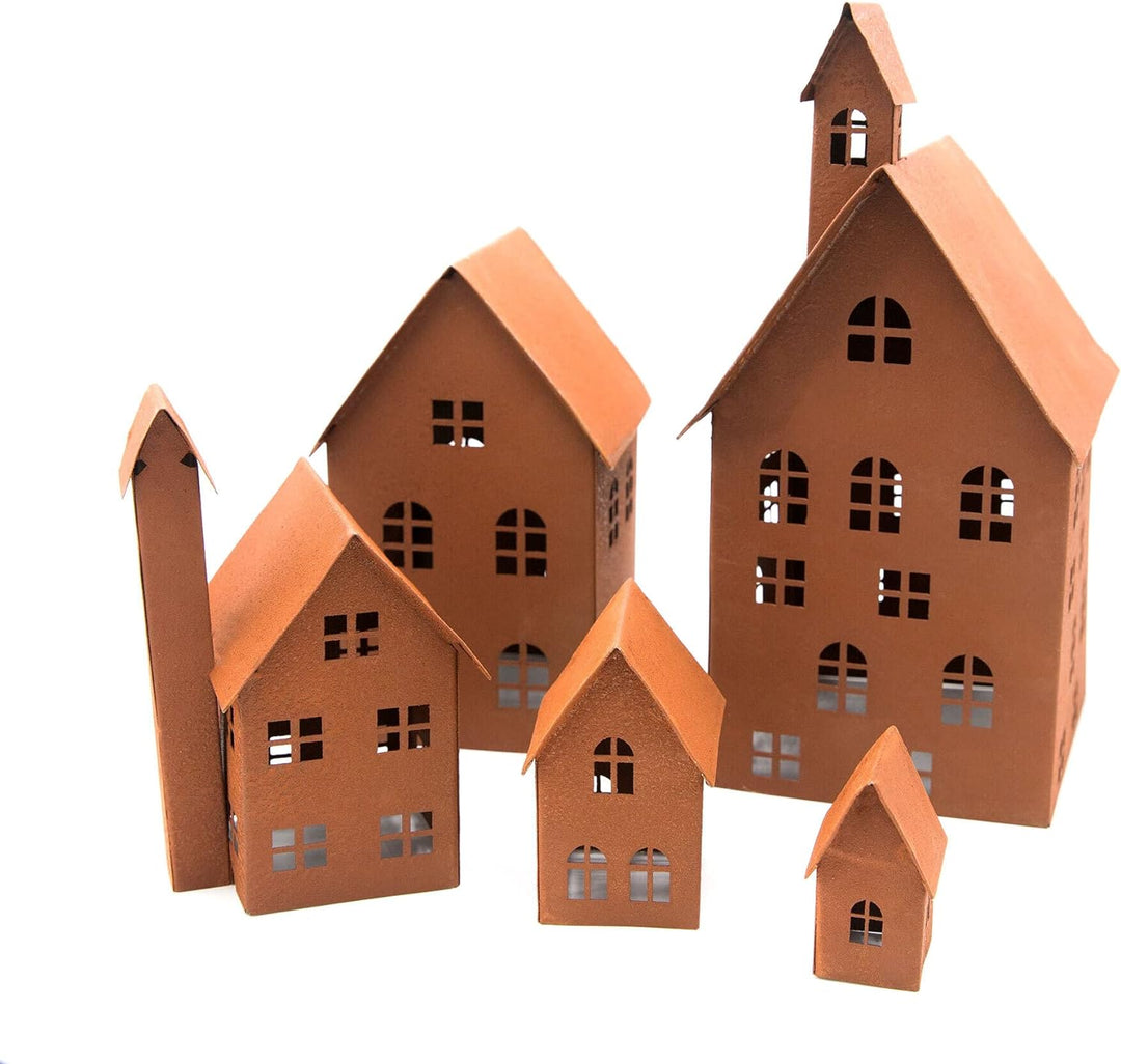 UNUS Deko Häuser 5er Set, Lichthäuser aus Metall für Garten, Terrasse, Balkon oder Zuhause (Rost), R