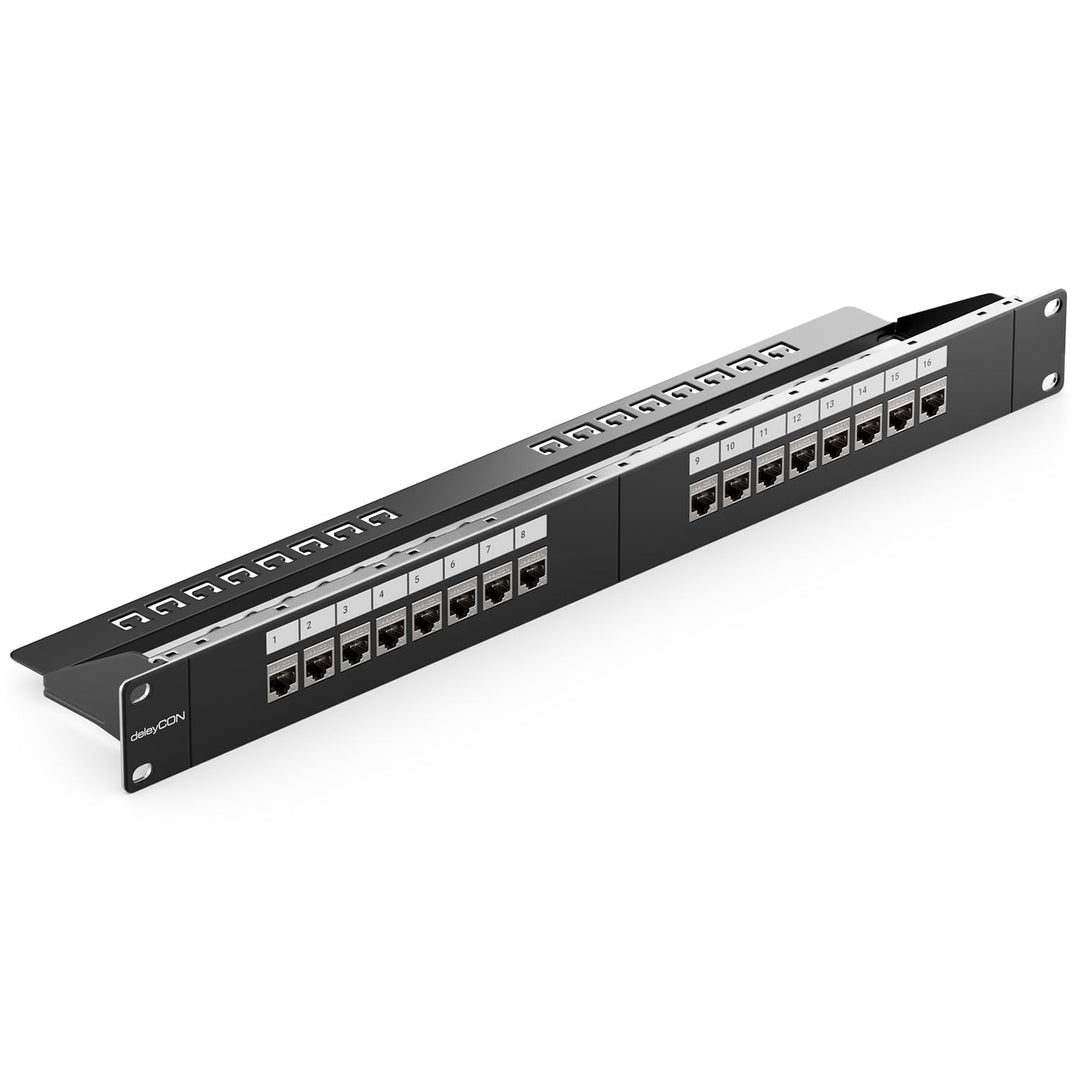 deleyCON 16 Port CAT7 Patchpanel SET Patchfeld Verteilerfeld Modular 1 HE 19" Zoll Rackeinbau + 16x