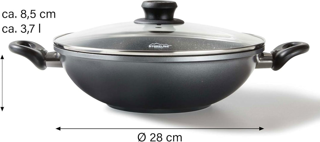 Stoneline Wok 28cm, mit Deckel, Aluguss, Wok Pfanne beschichtet mit echten Steinpartikeln, grau, ohn