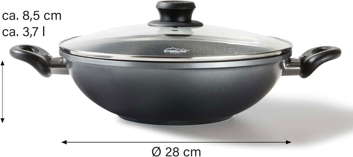 Stoneline Wok 28cm, mit Deckel, Aluguss, Wok Pfanne beschichtet mit echten Steinpartikeln, grau, ohn