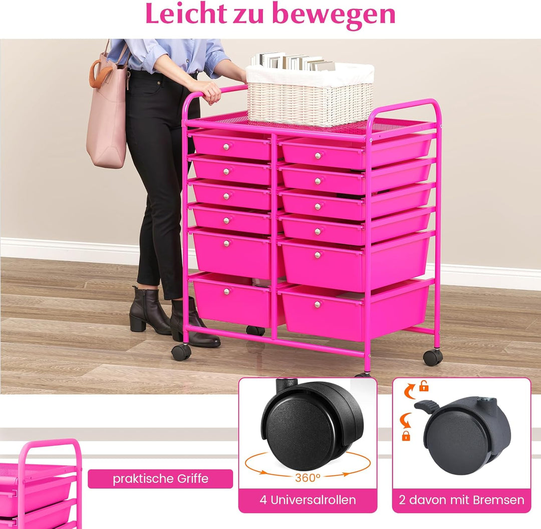 COSTWAY Rollwagen mit 12 stapelbaren Schubladen, Schubladenwagen Rollcontainer mit Metallgestell und